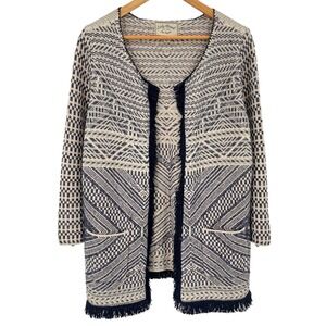 Lucky Brand Women's Size XL Open Front Cardigan Aztec Fringe Boho Sweater Pocket